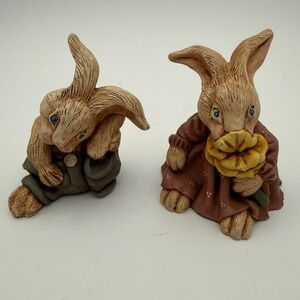 Vintage 1987 TT Rabbit Figurine Set Bunny with Flower & Overalls 4 Inch Rustic